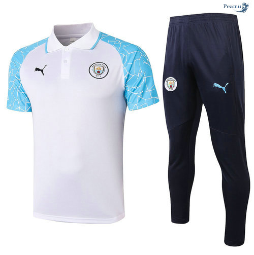 Peamu - Kit Maillot Entrainement POLO Manchester City + Pantalon Blanc/Bleu 2020-2021