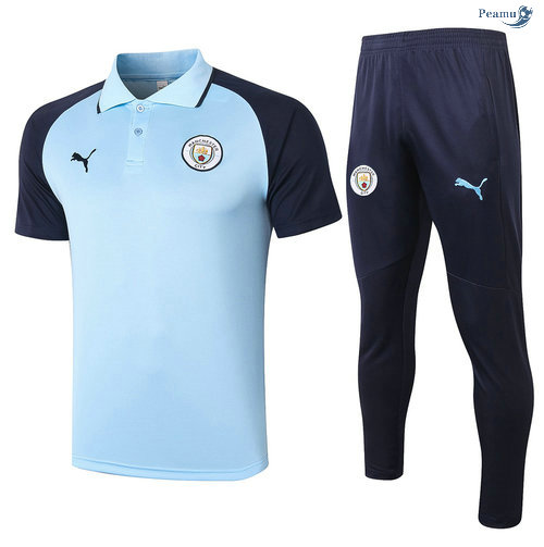 Peamu - Kit Maillot Entrainement POLO Manchester City + Pantalon Bleu clair/Bleu Marine 2020-2021