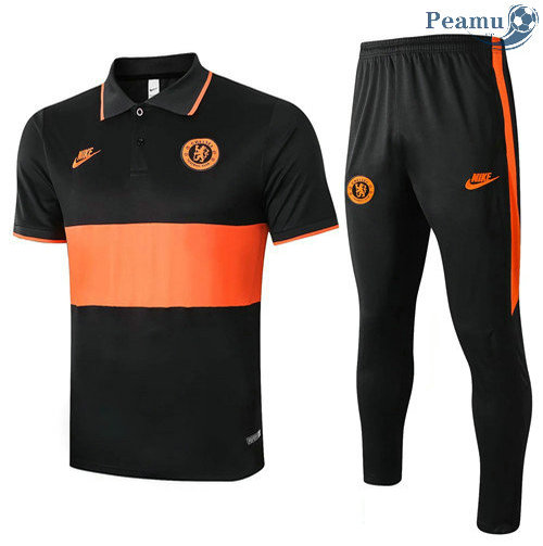Kit Maillot Entrainement POLO Chelsea + Pantalon Noir/Orange 2020-2021