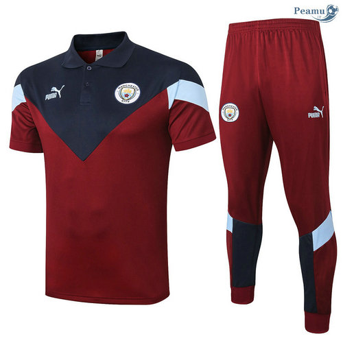 Kit Maillot Entrainement POLO Manchester City + Pantalon Jujube Rouge/Bleu Marine 2020-2021