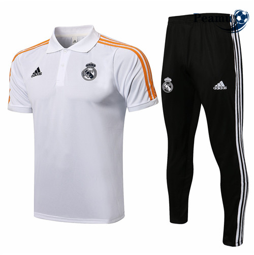 Peamu - Kit Maillot Entrainement foot Polo Real Madrid + Pantalon Blanc/Orange 2021-2022