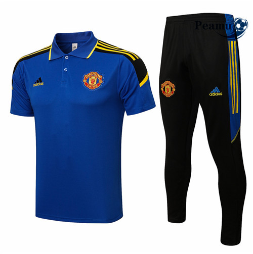 Kit Maillot Entrainement foot POLO Manchester United + Pantalon champions league Bleu/Jaune 2021-2022
