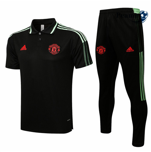 Kit Maillot Entrainement foot POLO Manchester United + Pantalon Noir/Vert 2021-2022