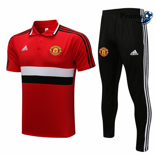 Kit Maillot Entrainement foot Polo Manchester United + Pantalon Rouge/Noir/Blanc 2021-2022