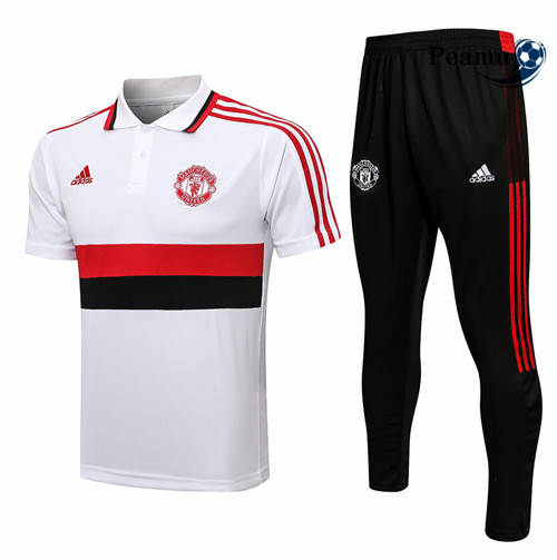 Kit Maillot Entrainement foot Polo Manchester United + Pantalon Blanc/Noir/Rouge 2021-2022