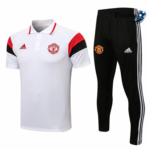 Kit Maillot Entrainement foot Polo Manchester United + Pantalon Blanc/Noir/Rouge 2021-2022