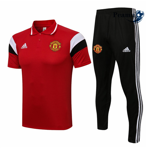 Kit Maillot Entrainement foot Polo Manchester United + Pantalon Rouge/Noir/Blanc 2021-2022