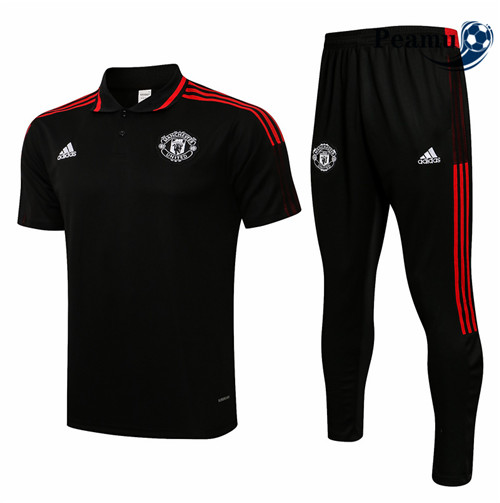 Kit Maillot Entrainement foot Polo Manchester United + Pantalon Noir/Rouge 2021-2022