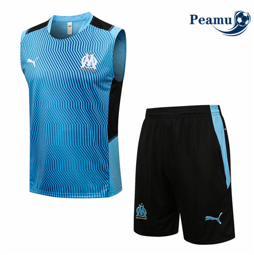 Kit Maillot Entrainement foot Marseille Debardeur + Pantalon Bleu clair Rouge 2021-2022