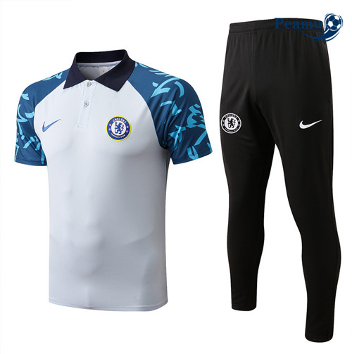 Peamu - Maillot Kit Entrainement Foot polo Chelsea + Pantalon Blanc/Noir 2022-2023