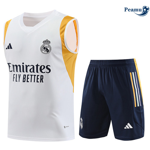 Peamu - Maillot foot Kit Entrainement Real Madrid Debardeur + Shorts Blanc 2023/24 Officiel