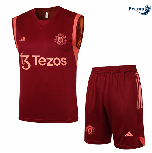Maillot foot Kit Entrainement Manchester United Debardeur + Shorts rouge bordeaux 2024/2025 Soldes