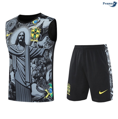 Maillot foot Kit Entrainement Brésil Debardeur + Shorts Gris/Doré 2025-2026 peamu 0349