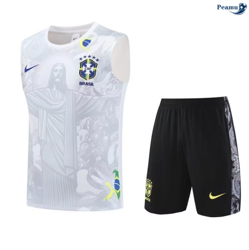 Maillot foot Kit Entrainement Brésil Enfant Debardeur + Shorts Blanc/Noir 2025-2026 peamu 0352