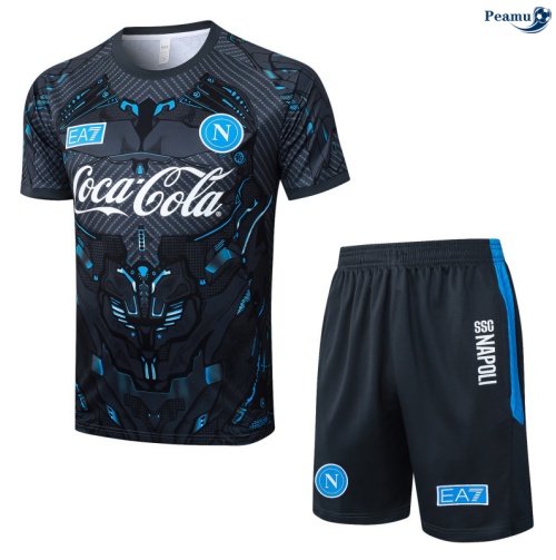 Maillot foot Kit Entrainement Naples + Shorts Gris foncé/Noir/Bleu 2025-2026 peamu 0442