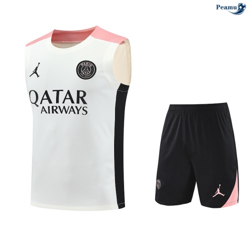 Maillot foot Kit Entrainement PSG Debardeur + Shorts Blanc/Noir/Rose 2025-2026 peamu 0289