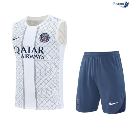 Maillot foot Kit Entrainement PSG Debardeur + Shorts Blanc/Bleu 2025-2026 peamu 0290