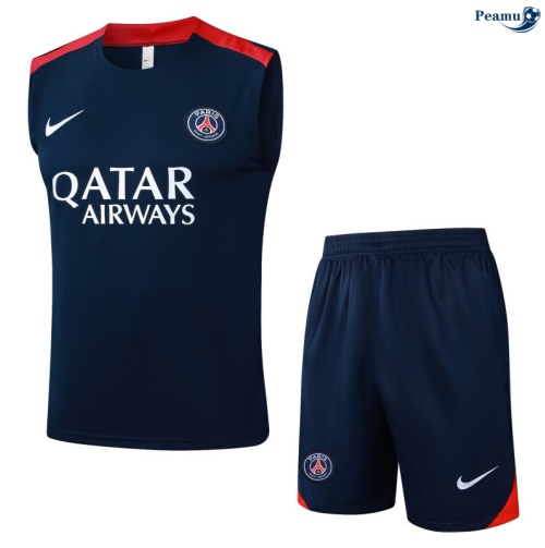 Maillot foot Kit Entrainement PSG Debardeur + Shorts Bleu Marine/Rouge 2025-2026 peamu 0292