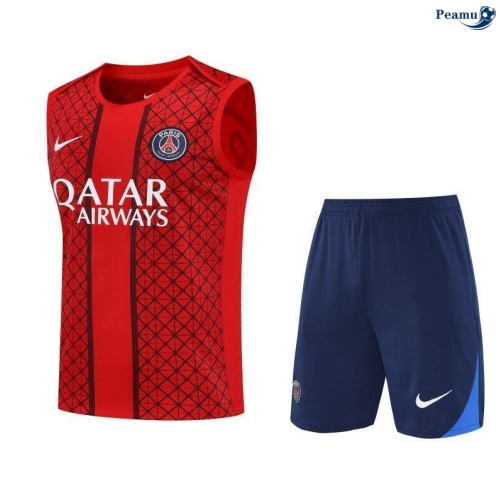 Maillot foot Kit Entrainement PSG Debardeur + Shorts Rouge/Bleu Marine 2025-2026 peamu 0299