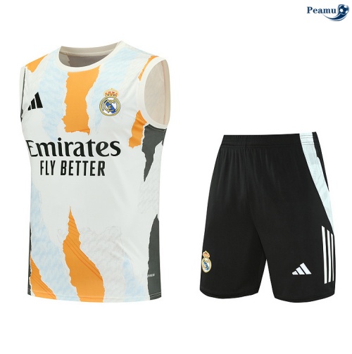 Maillot foot Kit Entrainement Real Madrid Debardeur + Shorts Blanc/Noir/Bleu Clair 2025-2026 peamu 0156
