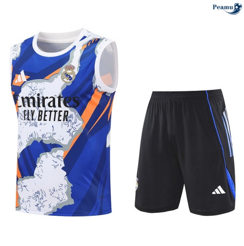 Maillot foot Kit Entrainement Real Madrid Debardeur + Shorts Blanc/Noir/Bleu 2025-2026 peamu 0163