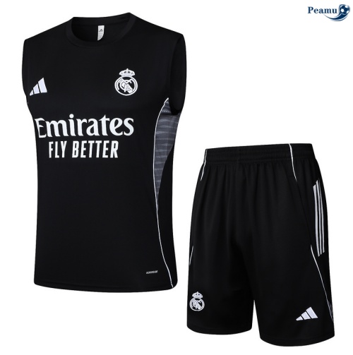 Maillot foot Kit Entrainement Real Madrid Debardeur + Shorts Noir/Blanc 2025-2026 peamu 0170