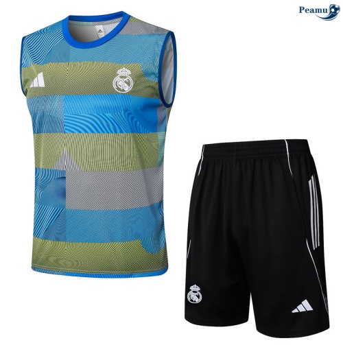 Maillot foot Kit Entrainement Real Madrid Debardeur + Shorts Bleu/Vert/Noir/Blanc 2025-2026 peamu 0174