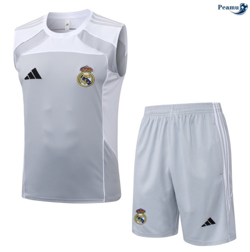 Maillot foot Kit Entrainement Real Madrid Debardeur + Shorts Gris/Blanc 2025-2026 peamu 0179