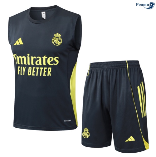 Maillot foot Kit Entrainement Real Madrid Debardeur + Shorts Gris foncé/Jaune 2025-2026 peamu 0186
