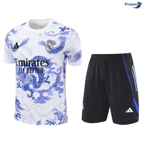 Maillot foot Kit Entrainement Real Madrid + Shorts Blanc/Noir/Bleu 2025-2026 peamu 0207