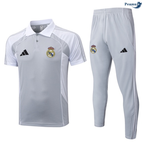 Maillot foot Kit Entrainement Real Madrid Polo + Pantalon Gris/Blanc 2025-2026 peamu 0247