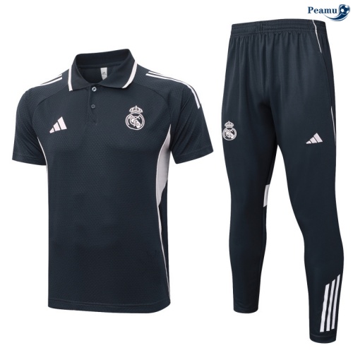 Maillot foot Kit Entrainement Real Madrid Polo + Pantalon Gris foncé/Blanc 2025-2026 peamu 0271