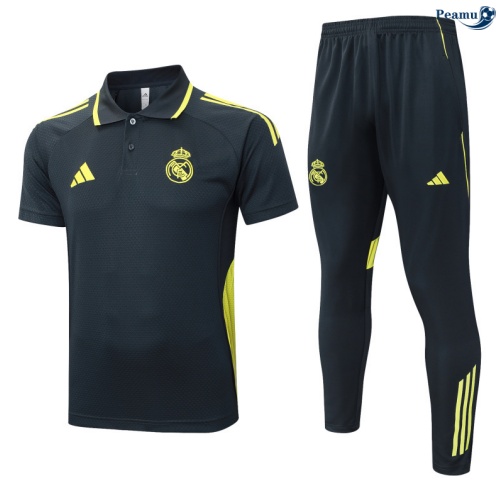 Maillot foot Kit Entrainement Real Madrid Polo + Pantalon Gris foncé/Vert 2025-2026 peamu 0272