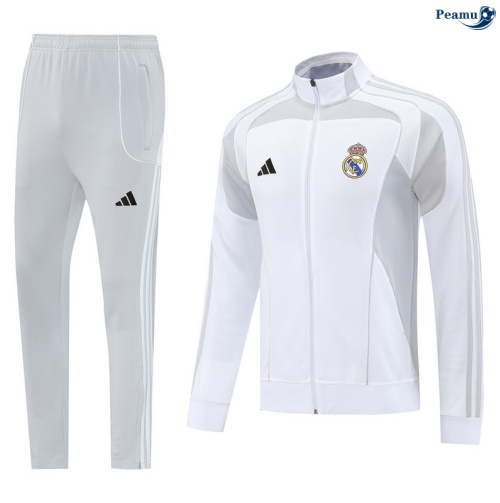 Maillot Veste Survetement Real Madrid Blanc/Gris clair 2025-2026 peamu 0572