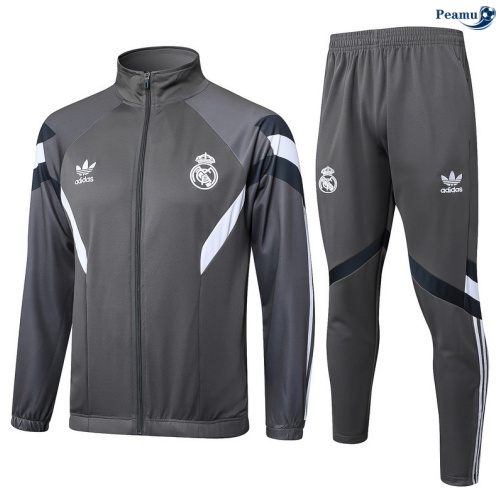 Maillot Veste Survetement Real Madrid Gris foncé/Blanc 2025-2026 peamu 0637