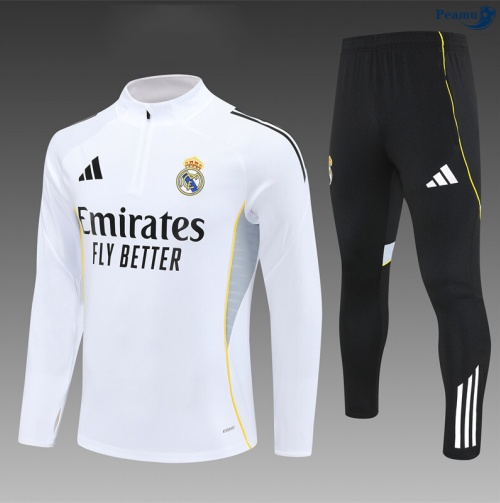 Maillot Survetement Real Madrid Enfant Blanc/Noir/Jaune 2025-2026 peamu 0824