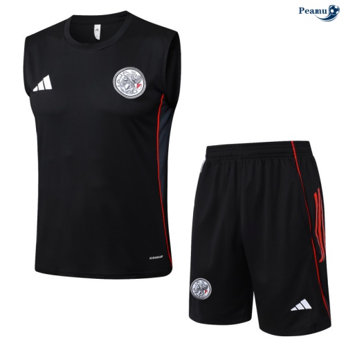 Peamu Maillot foot Kit Entrainement Ajax Debardeur + Shorts Noir/Rouge/Gris 2025-2026 Officiel