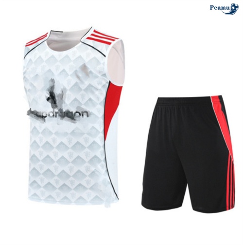 Peamu Maillot foot Kit Entrainement Manchester United Debardeur + Shorts Blanc/Noir/Rouge 2025-2026 Personnalisé
