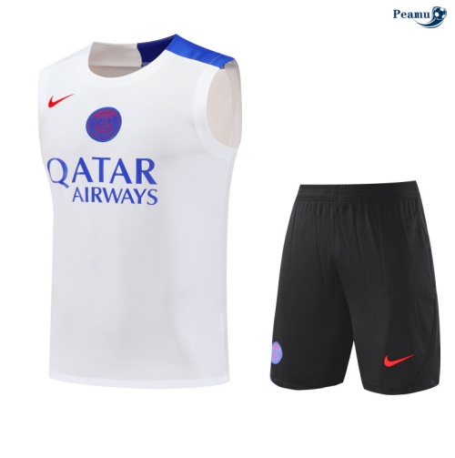 Peamu Maillot foot Kit Entrainement Paris PSG Debardeur + Shorts Blanc/Noir/Bleu 2025-2026 Soldes