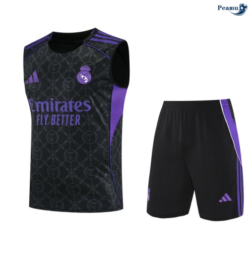 Peamu Maillot foot Kit Entrainement Real Madrid Debardeur + Shorts Noir/Violet 2025-2026 Officiel