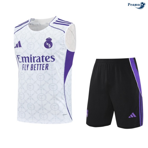 Peamu Maillot foot Kit Entrainement Real Madrid Debardeur + Shorts Blanc/Noir/Violet 2025-2026 Original