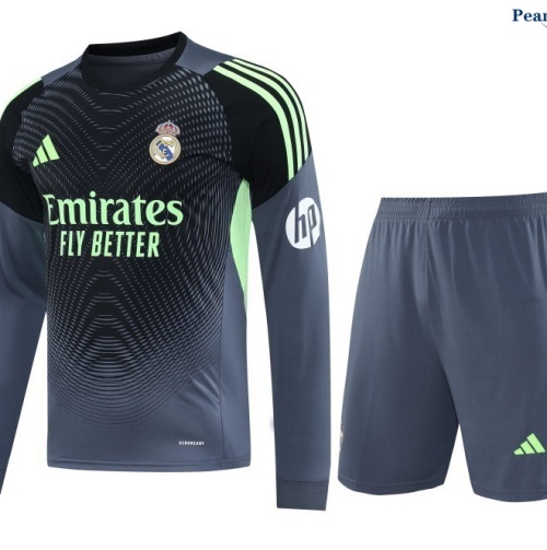 Peamu Maillot foot Kit Entrainement Real Madrid goalkeeper Manche Longue + Short Gris/Noir 2025-2026 Outlet